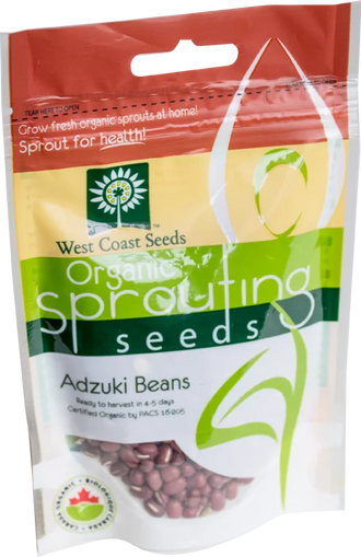 Sachet West Coast Seeds à partie supérieure rouge, avec une étiquette vert jaune portant le nom anglais Adzuki Beans. La fenêtre transparente laisse voir des graines ovales rouges. Le bas blanc de l'emballage présente le logo biologique canadien et les indications de germination. Le délai de 4 à 5 jours est visible sur le devant.