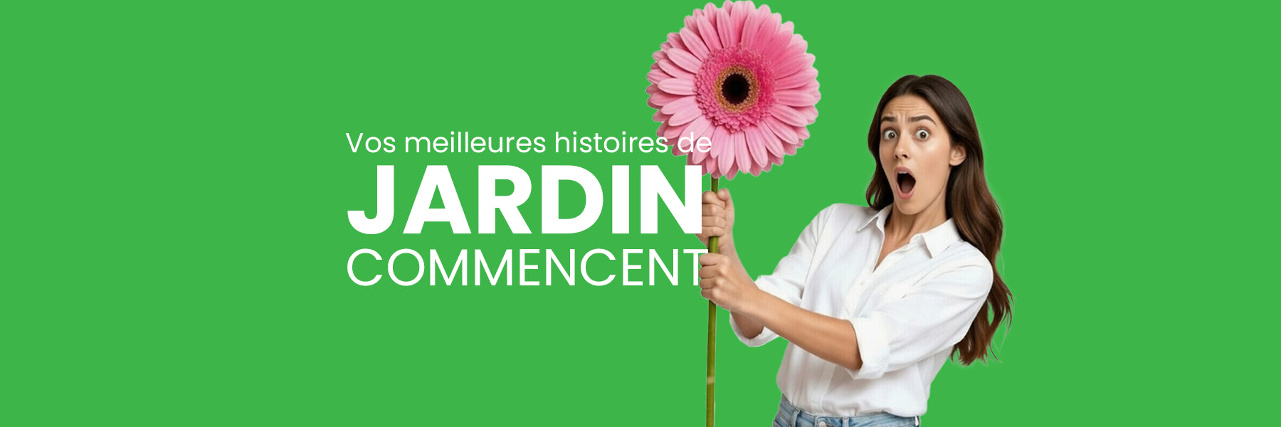 Campagne publicitaire Floréal Pépinière.ca dans le REM Montréal 2026 : femme brune surprise et joyeuse en chemise blanche tenant une grande fleur gerbera rose vif sur fond vert, slogan "Vos meilleures histoires de jardin commencent" pour promouvoir le jardinage et pepiniere.ca