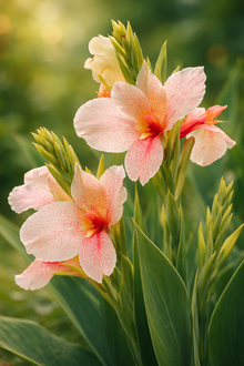 Canna ‘Fantasy’ ( Canna ) : des fleurs de canna pêche à cœur orangé parmi des boutons et des feuilles vertes. Cette photographie montre le sujet de près et permet d’en observer les formes, les couleurs et la disposition. Le cadrage attire l’attention sur les éléments visibles au premier plan. Cette vue complète la présentation du produit en donnant un aperçu de son apparence à cette étape, dans la scène photographiée.
