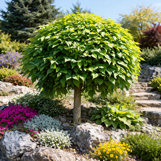 Globe catalpa ‘Nana’ grafted on a standard, showing a compact naturally rounded crown of large mid-green heart-shaped leaves. This view shows <em>Catalpa bignonioides</em> ‘Nana’, a Zone 5 deciduous tree whose crown reaches approximately 1.5 to 2.5 m high and wide (5 to 8 ft); total height varies with the graft position.