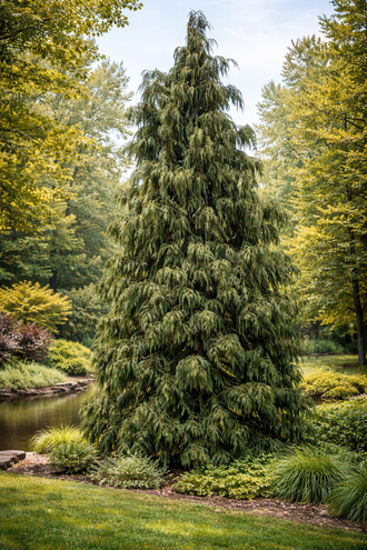 Blue Nootka cypress ‘Glauca’ with an upright pyramidal habit, broad branches with slightly pendulous tips, and silvery blue-green evergreen foliage. This view shows <em>Chamaecyparis nootkatensis</em> ‘Glauca’, a large Zone 5 conifer used as a specimen, screen, or informal hedge, with small spherical cones that turn brown at maturity and an outline that gradually broadens with age.