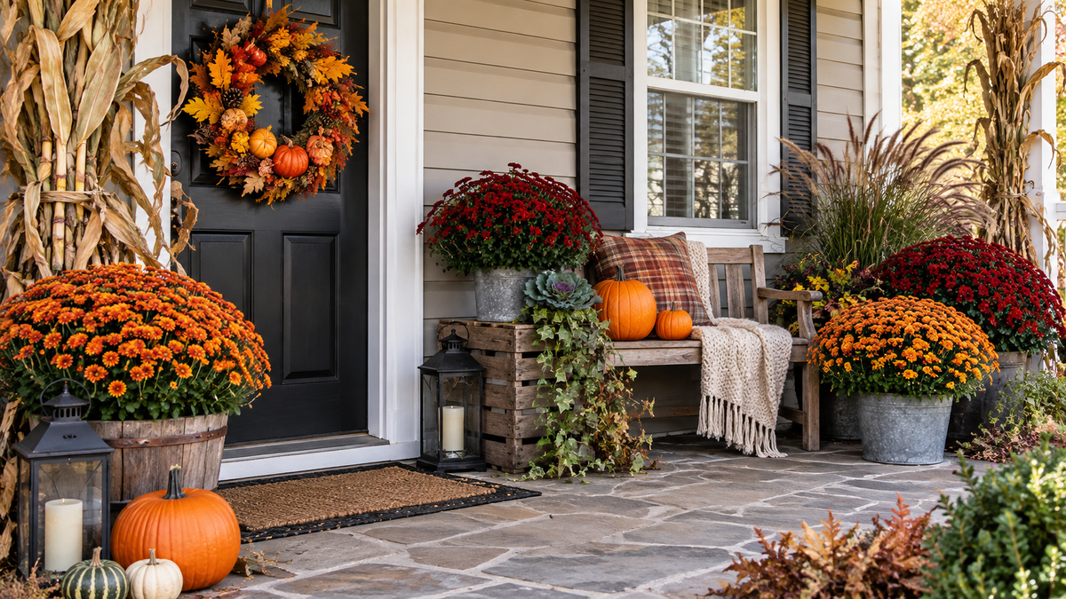 Décor d’automne fleuri avec chrysanthèmes, graminées et citrouilles chez Floréal