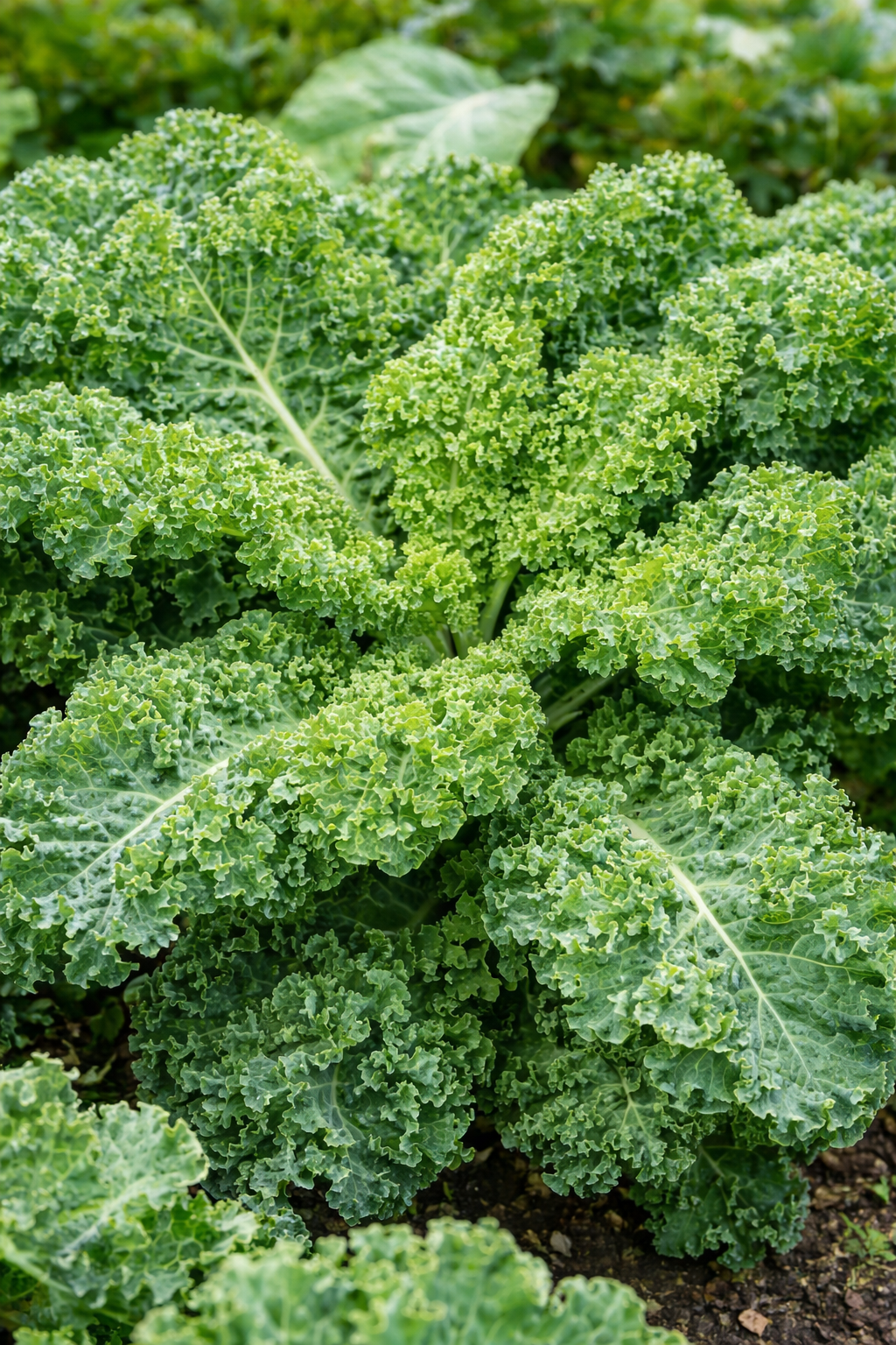 Product photograph of organic ‘Dwarf Green Curled’ kale seeds, illustrated with a low compact rosette of deep to yellowish-green heavily wrinkled finely curled leaves. The image identifies this <em>Brassica oleracea</em> cultivar of the Acephala Group for cool-season vegetable gardens, edible borders, and large containers. Progressive outer-leaf harvest preserves the central growing point.