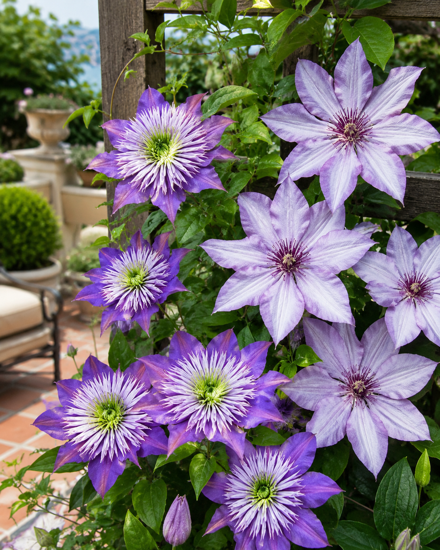 Clematis combo 'Crystal Fountain et Samaritan Jo'