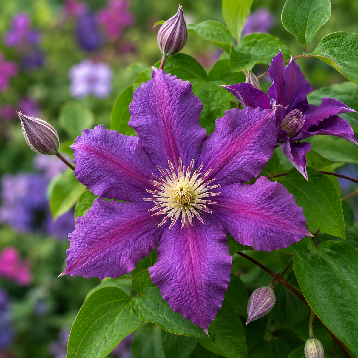 Jackmanii and Pink Champagne Clematis Duo (Clematis ‘Jackmanii’ and Clematis ‘Kakio’)