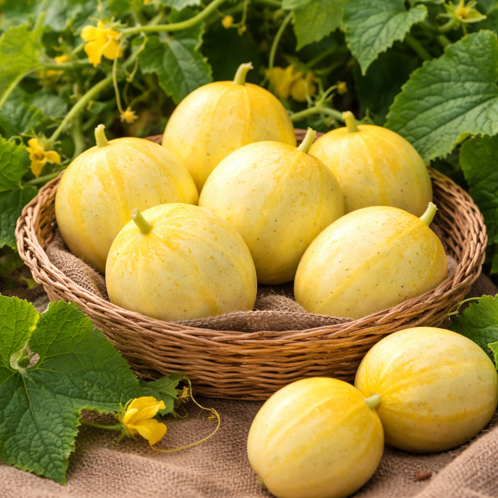 Concombre 'Lemon' de semences W.H. Perron : petits fruits ronds jaunes citron sur vigne avec feuilles vertes, variété heirloom à chair vert lime douce et sucrée, culture potager au Québec