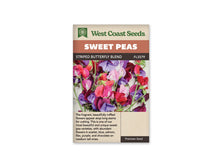 Sachet West Coast Seeds Striped Butterfly Blend avec un ensemble de fleurs de pois de senteur de plusieurs couleurs. Des corolles roses, rouges, violettes, bleutées et blanches se côtoient sur la photo. Les pétales larges se chevauchent au-dessus de fines tiges vertes. Le fond clair met en évidence les différences de teinte entre les fleurs.