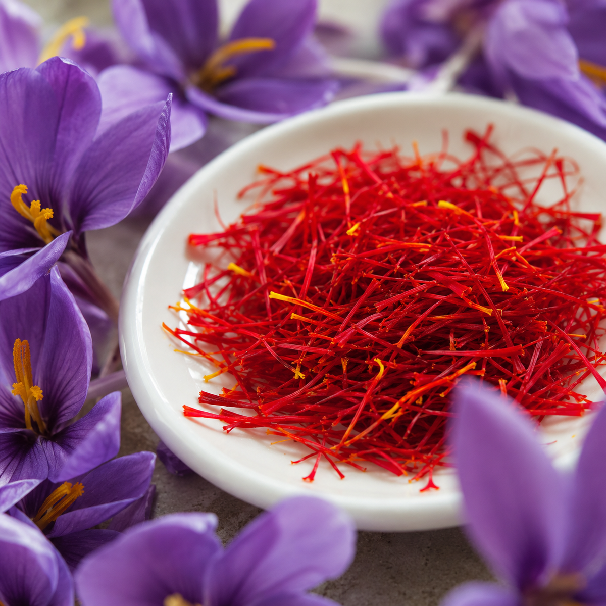 Crocus à safran ( Crocus sativus ) : une coupelle remplie de filaments rouges de safran entourée de fleurs violettes. Cette photographie montre le sujet de près et permet d’en observer les formes, les couleurs et la disposition. Le cadrage attire l’attention sur les éléments visibles au premier plan. Cette vue complète la présentation du produit en donnant un aperçu de son apparence à cette étape, dans la scène photographiée.