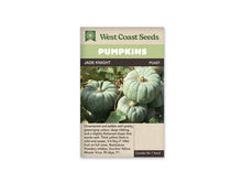 Sachet Jade Knight de West Coast Seeds avec un bandeau vert pâle et le nom sur fond sombre. La photo montre plusieurs citrouilles vert gris aux côtes profondes, regroupées parmi des feuilles et des tiges. Un fruit repose sur un autre à droite. Une zone beige portant du texte se trouve sous la photo.