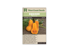 Sachet beige de semences Autumn Gold avec bandeau vert pâle et nom sur fond brun. Deux courges butternut orange doré striées de crème se dressent sur la terre. Une moitié placée devant révèle une chair orange et une cavité à graines dans la base renflée. Des feuilles vertes et des tiges apparaissent derrière les fruits.