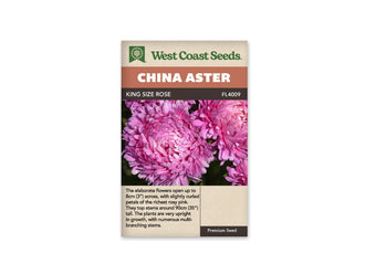 Sachet King Size Rose de West Coast Seeds sur fond blanc. La photo montre plusieurs fleurs rose soutenu aux nombreux pétales courbés. Une tête au premier plan reste partiellement fermée, tandis que des feuilles vertes apparaissent derrière. Le bandeau orangé indique China Aster; King Size Rose et la référence FL4009 figurent dans la bande brune.