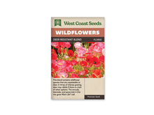 Sachet West Coast Seeds Deer Resistant Blend illustré de nombreuses fleurs rouges et roses en forme de coupe. Des boutons ovales portés par des tiges fines se dressent entre les corolles. Quelques centres sombres sont visibles dans les fleurs ouvertes. La photo montre une plantation serrée et lumineuse, dominée par les teintes chaudes des pétales.
