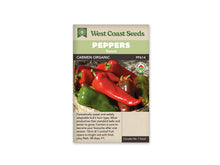 Sachet West Coast Seeds de poivron doux Carmen biologique. La photo montre de longs fruits rouges pointus, avec quelques fruits verts derrière eux. Un grand poivron rouge traverse le premier plan en diagonale. Le bandeau vert porte Peppers et Sweet. Le nom Carmen Organic, le code PP614 et un logo biologique sont visibles.