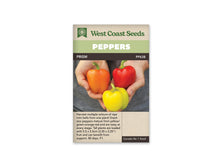 Sachet West Coast Seeds de poivron Prism, avec un bandeau vert clair et le nom Peppers en blanc. La photo montre trois petits poivrons lisses, orange, rouge et jaune, posés dans des mains. Leurs pédoncules sont verts. Le nom Prism et le code PP638 figurent au-dessus de la photo, sur une bande sombre.