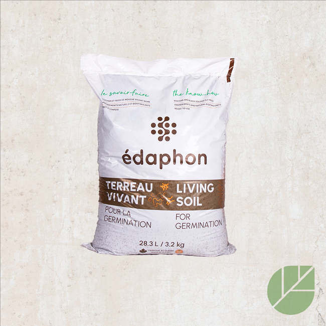 Terreau Vivant pour la Germination ÉDAPHON. Sac clair ÉDAPHON avec une étiquette brun violacé. Le cadrage permet de voir les formes, les couleurs et les détails du sujet représenté. Les contours se détachent du fond de l’image, avec des différences de teinte et de texture visibles sur les surfaces. Cette vue accompagne la présentation du produit dans la boutique.