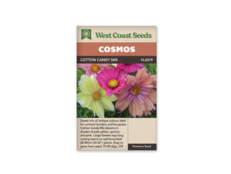 Sachet Cotton Candy Mix de West Coast Seeds sur fond blanc. La photo réunit des fleurs jaune pâle, rose vif et abricot rosé, avec des centres jaunes et des pétales légèrement froissés. Un feuillage vert fin apparaît entre les fleurs. Le bandeau orangé indique Cosmos; Cotton Candy Mix et la référence FL2079 se lisent dans la bande brune.