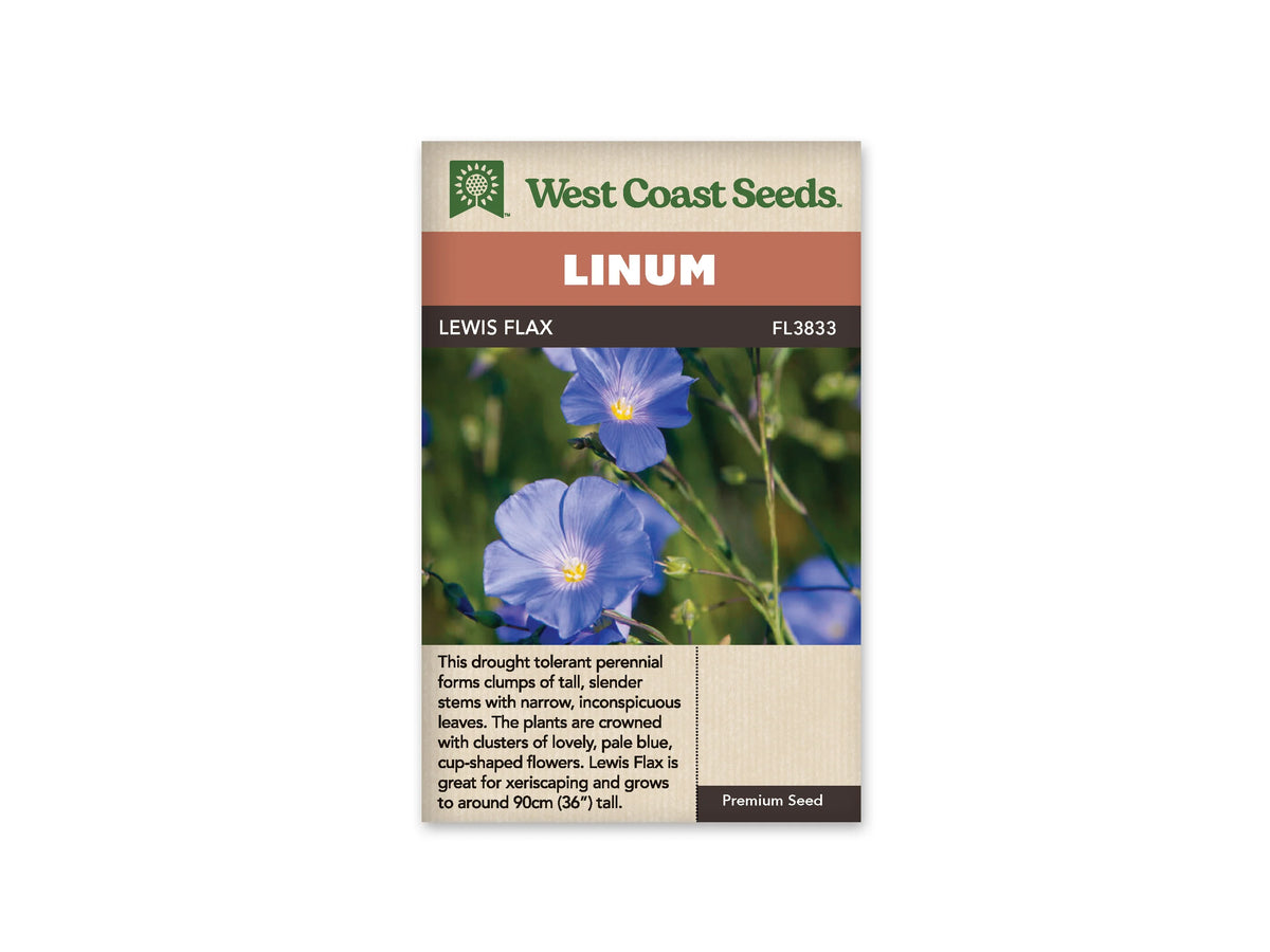 Sachet Lewis Flax de West Coast Seeds sur fond blanc. La photo montre des fleurs bleues à cinq pétales, avec un petit centre clair et jaune. Des boutons arrondis, des tiges fines et des feuilles vertes étroites les entourent. Le bandeau orange porte Linum; la bande brune indique Lewis Flax et le code FL3833.