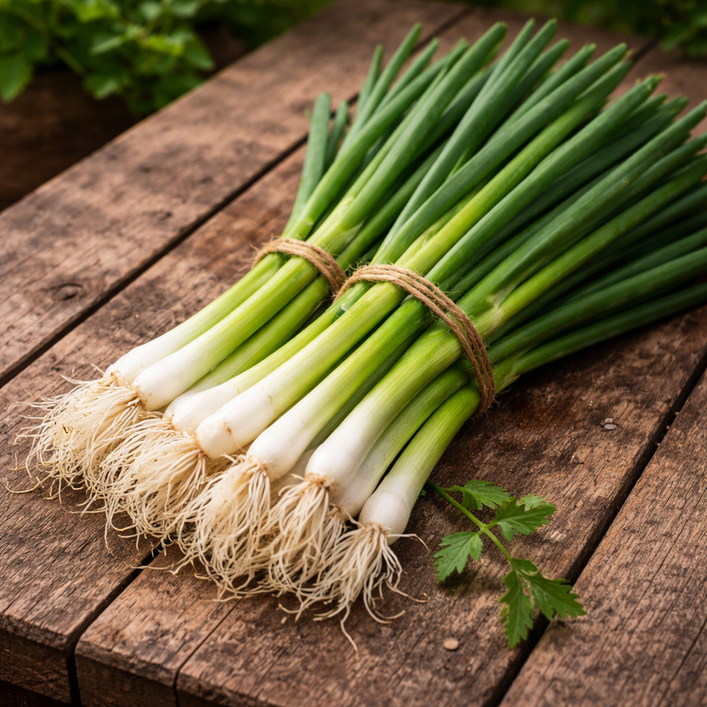 Oignon à botteler Parade. Oignons verts en botte, à longs fûts blancs. Le cadrage permet de voir les formes, les couleurs et les détails du sujet représenté. Les contours se détachent du fond de l’image, avec des différences de teinte et de texture visibles sur les surfaces. Cette vue accompagne la présentation du produit dans la boutique.