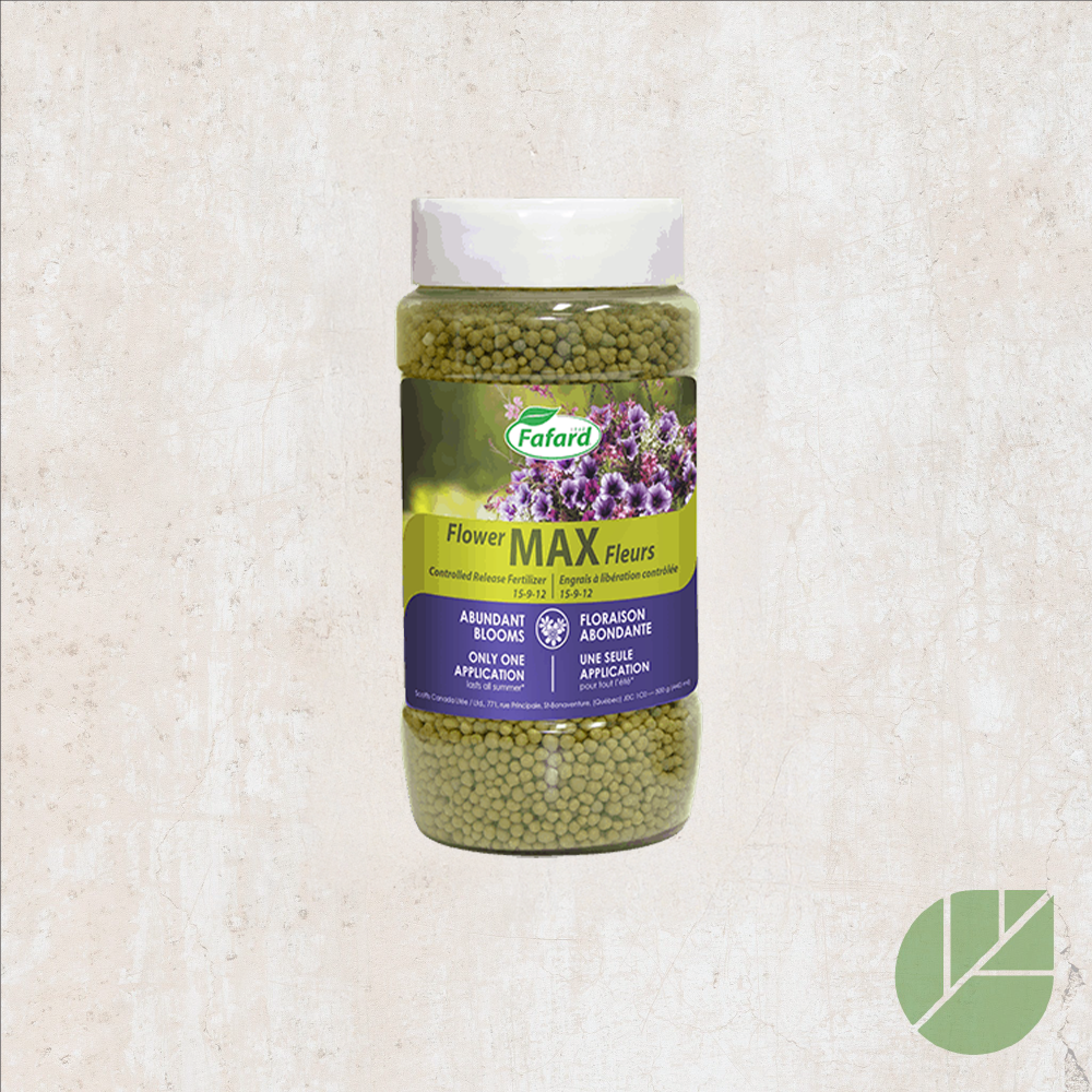 Bouteille d’engrais granulaire Fafard Flower Max 15-9-12 Max Fleurs à libération lente pour annuelles et vivaces format 500 g