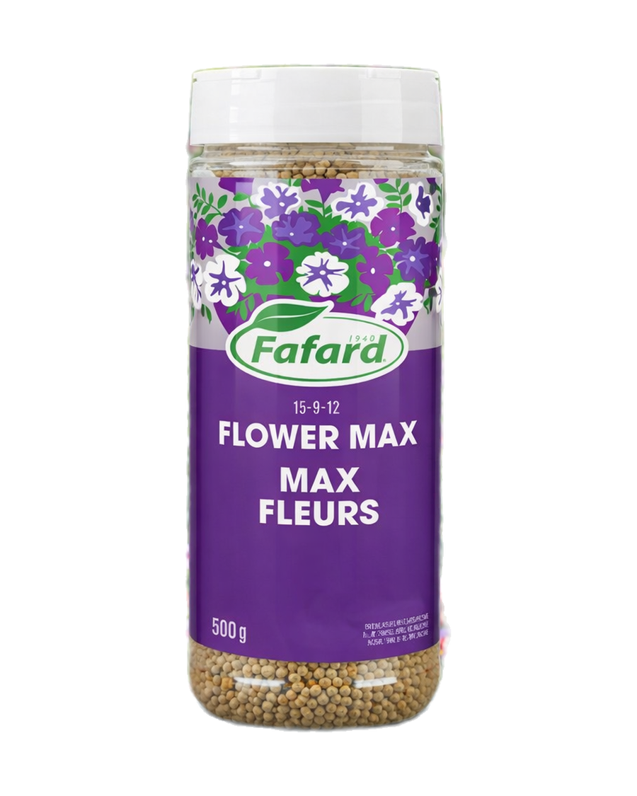 Engrais Fafard Flower Max 15-9-12 en granules, fertilisant pour fleurs et plantes ornementales favorisant une floraison abondante, contenant 500 g, présenté devant un jardin fleuri coloré.