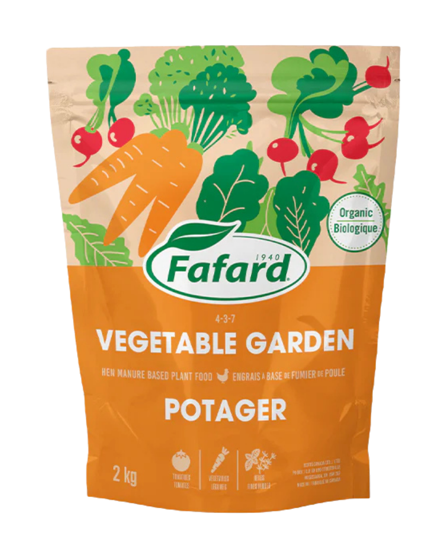 Sac d’engrais Fafard pour potager biologique 4-3-7 à base de fumier de poule, conçu pour les légumes, fines herbes et cultures potagères.