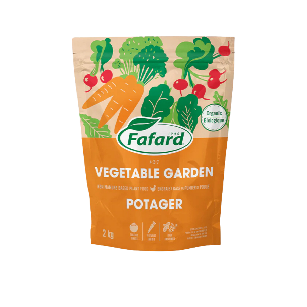 Sac d’engrais Fafard pour potager biologique 4-3-7 à base de fumier de poule, conçu pour les légumes, fines herbes et cultures potagères.