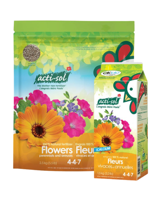 Sac et boîte d’engrais naturel Acti-Sol pour fleurs vivaces et annuelles 4-4-7, conçus pour favoriser une floraison abondante et soutenir la vigueur des plantes ornementales.