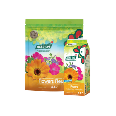 Sac et boîte d’engrais naturel Acti-Sol pour fleurs vivaces et annuelles 4-4-7, conçus pour favoriser une floraison abondante et soutenir la vigueur des plantes ornementales.