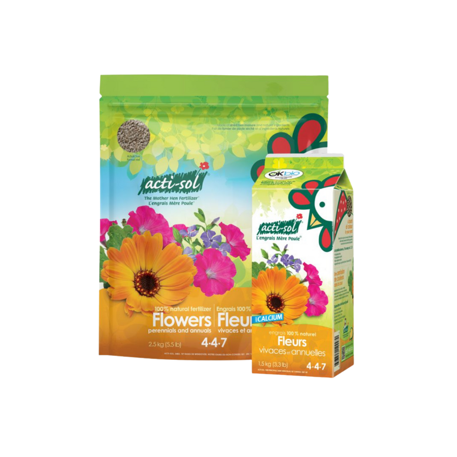Sac et boîte d’engrais naturel Acti-Sol pour fleurs vivaces et annuelles 4-4-7, conçus pour favoriser une floraison abondante et soutenir la vigueur des plantes ornementales.