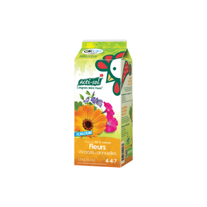 Boîte d’engrais naturel Acti-Sol pour fleurs vivaces et annuelles 4-4-7, conçu pour favoriser la floraison, renforcer les plantes et soutenir les cultures biologiques. 1.45kg