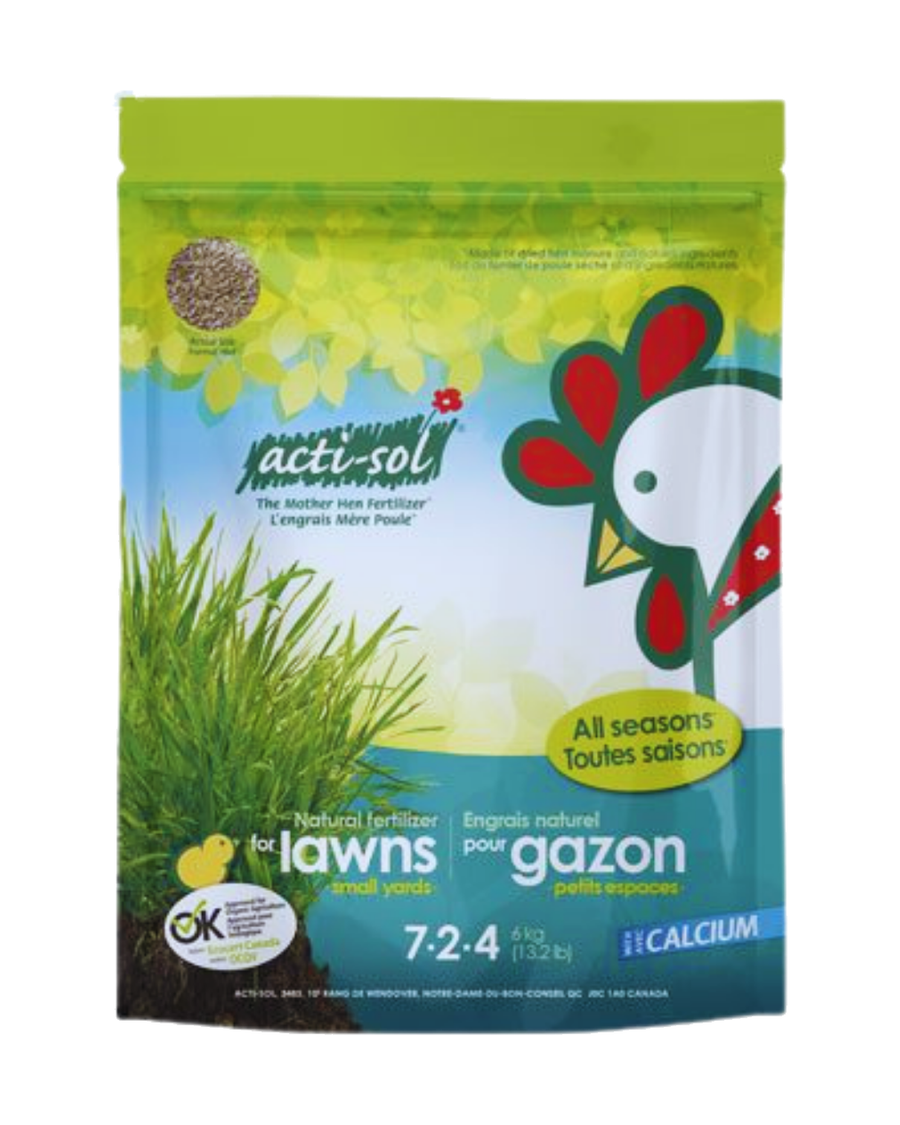Sac d’engrais naturel Acti-Sol pour gazon toutes saisons 7-2-4, conçu pour nourrir la pelouse et favoriser un gazon dense, vert et vigoureux.