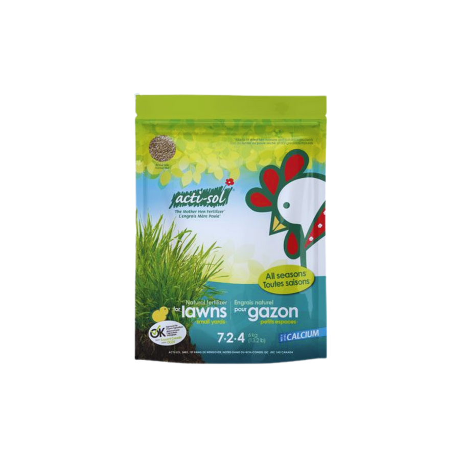 Sac d’engrais naturel Acti-Sol pour gazon toutes saisons 7-2-4, conçu pour nourrir la pelouse et favoriser un gazon dense, vert et vigoureux.