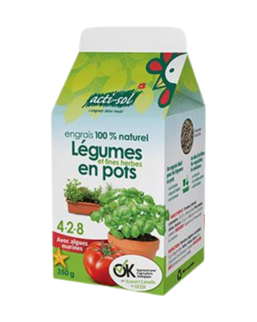 Emballage Acti-Sol d’engrais naturel à saupoudrer pour légumes et fines herbes 4-2-8, conçu pour les plantes cultivées en pots et en contenants.