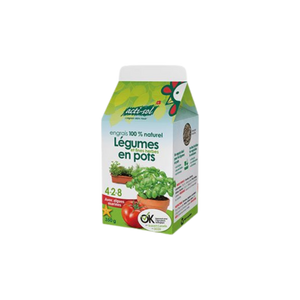 Emballage Acti-Sol d’engrais naturel à saupoudrer pour légumes et fines herbes 4-2-8, conçu pour les plantes cultivées en pots et en contenants.