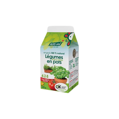 Emballage Acti-Sol d’engrais naturel à saupoudrer pour légumes et fines herbes 4-2-8, conçu pour les plantes cultivées en pots et en contenants.