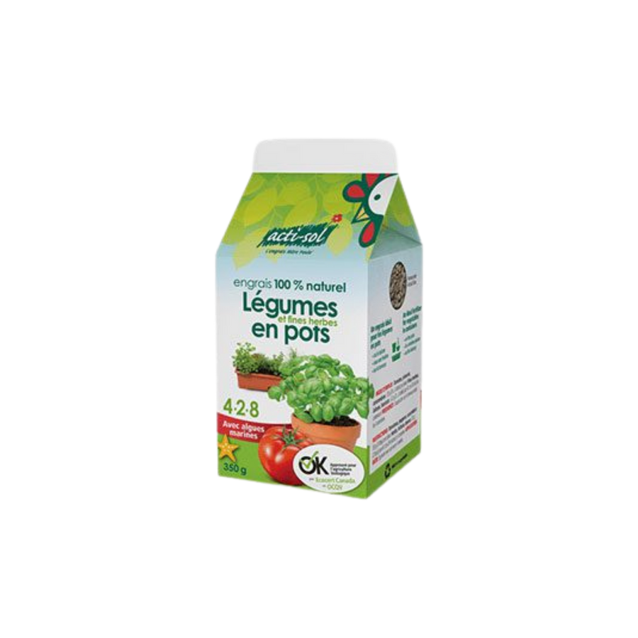 Emballage Acti-Sol d’engrais naturel à saupoudrer pour légumes et fines herbes 4-2-8, conçu pour les plantes cultivées en pots et en contenants.