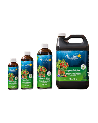 Présentation du produit « Engrais aux algues marines Acadie 0.6-0-6 » et de ses formats offerts