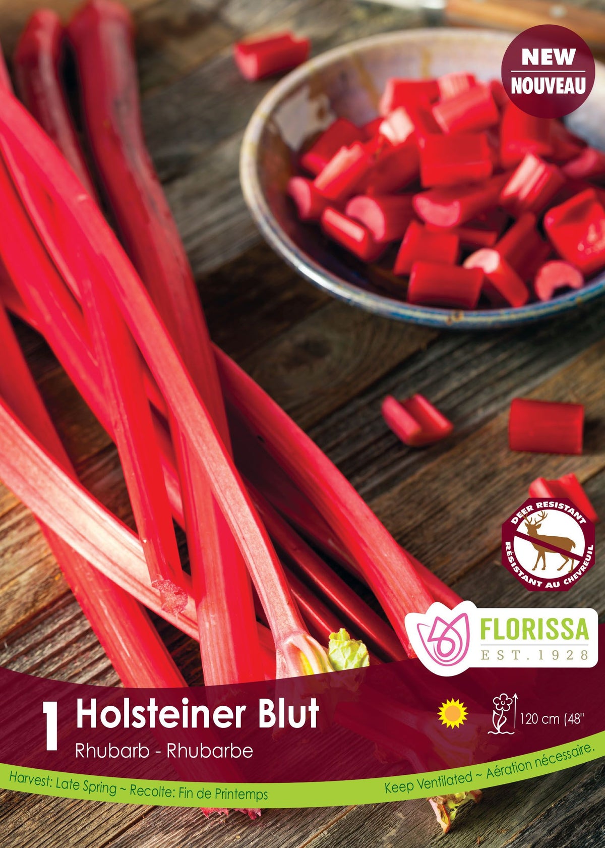 Rhubarbe ‘Holstenier Blut’ (1 plant) ( Rheum ) : des tiges de rhubarbe rouge vif à côté d’un bol de morceaux. Le visuel Florissa présente la plante et son nom dans la partie inférieure de l’étiquette. La photographie occupe presque toute la surface, tandis que le bandeau du bas rassemble les indications du produit. Cette vue permet de reconnaître son apparence et de distinguer la variété présentée.