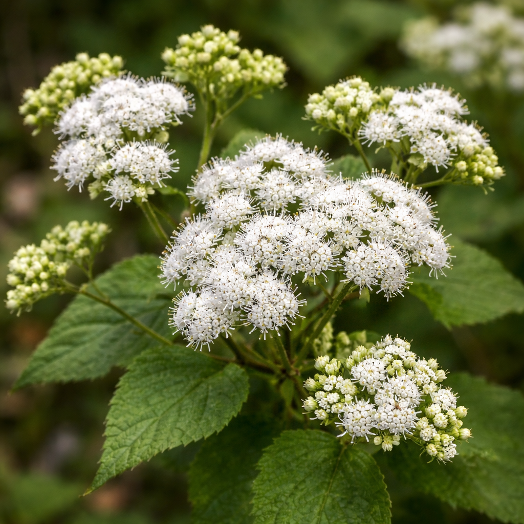 Eupatoire rugueuse en fleurs, vivace indigène aux fleurs blanches.