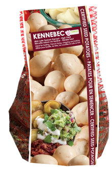 Pomme de terre ‘Kennebec’ ( Solanum tuberosum ) : un sachet vertical illustré de pommes de terre à peau claire. La présentation montre l’emballage avec une illustration du produit et son nom imprimé sur l’étiquette. Les informations sont regroupées sur la face visible, tandis que la photographie met en évidence le contenu ou la plante illustrée. Cette vue vous aide à reconnaître le produit présenté et son conditionnement.