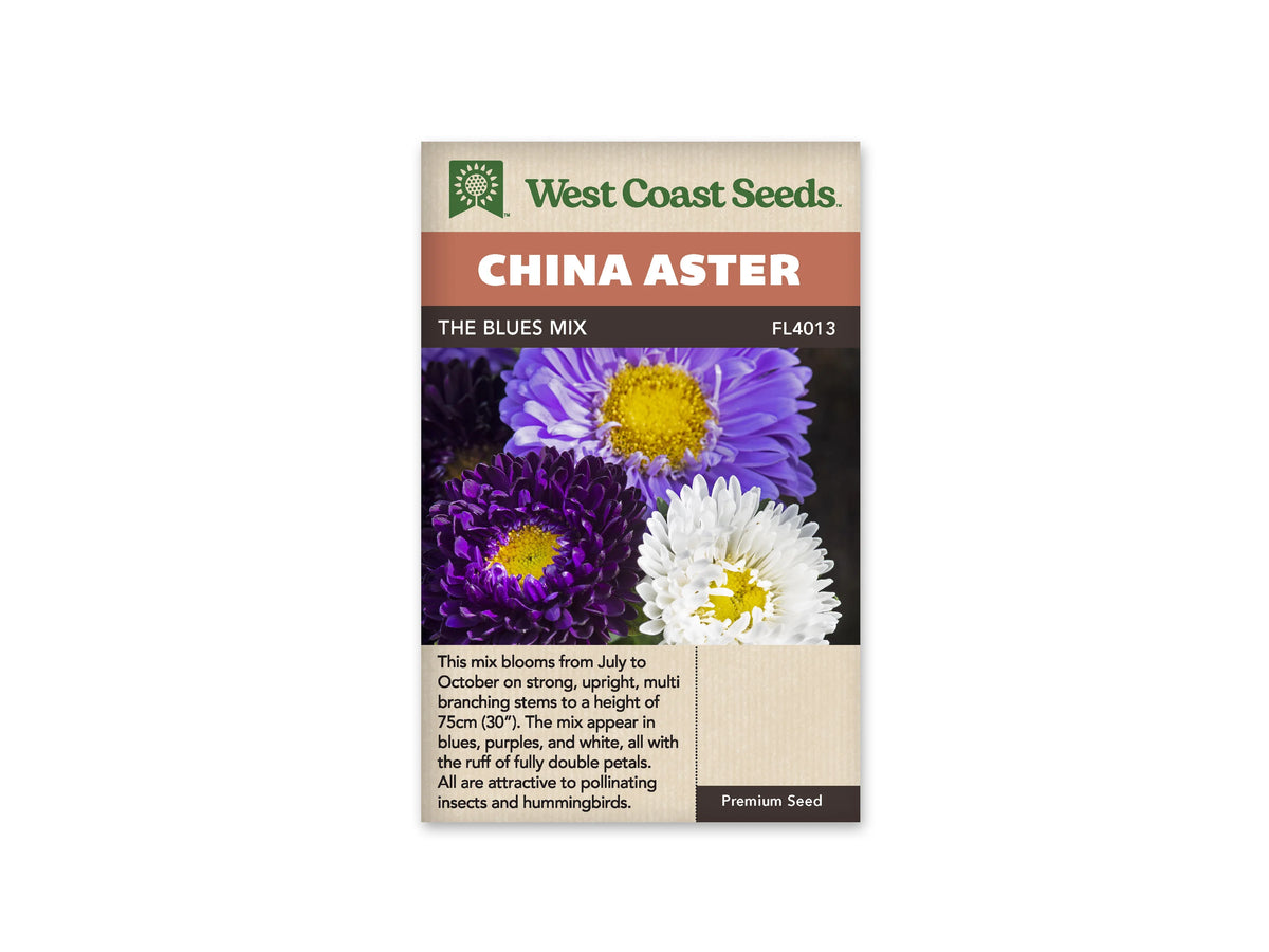 Sachet The Blues Mix de West Coast Seeds sur fond blanc. La photo montre des fleurs violettes, bleu lavande et blanches, avec plusieurs rangées de pétales autour de centres jaunes visibles. Le fond entre les têtes est sombre. Le bandeau orangé indique China Aster; The Blues Mix et la référence FL4013 se lisent dans la bande brune.