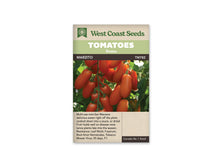 Sachet West Coast Seeds portant les mentions Tomatoes, Roma et Marzito. La photo montre de nombreux petits fruits rouges allongés, réunis en bouquets sur des tiges vertes parmi le feuillage. Des tomates moins mûres apparaissent en arrière-plan. Le nom de la variété et le code TM782 figurent sous les bandeaux verts de la marque.