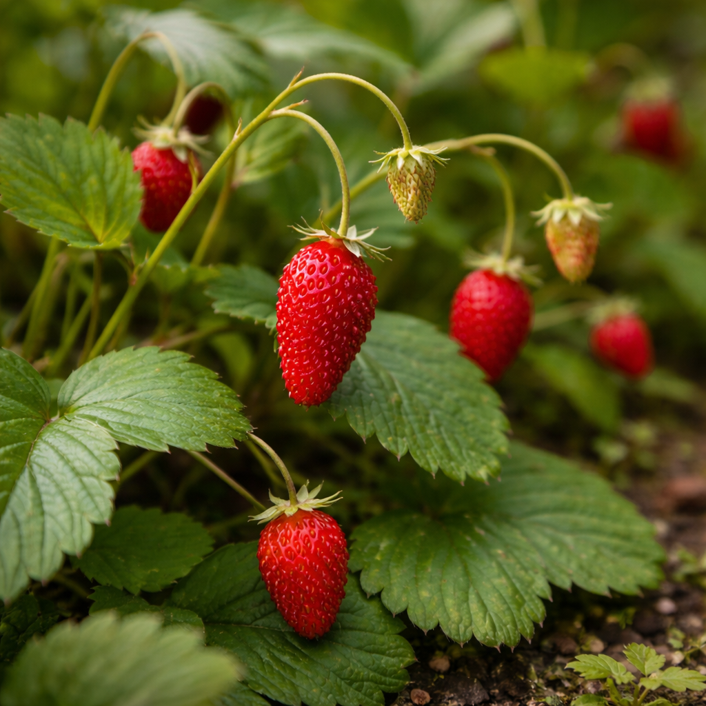 Fraise alpine. Petites fraises rouges sur leurs plants feuillus. Le cadrage permet de voir les formes, les couleurs et les détails du sujet représenté. Les contours se détachent du fond de l’image, avec des différences de teinte et de texture visibles sur les surfaces. Cette vue accompagne la présentation du produit dans la boutique.