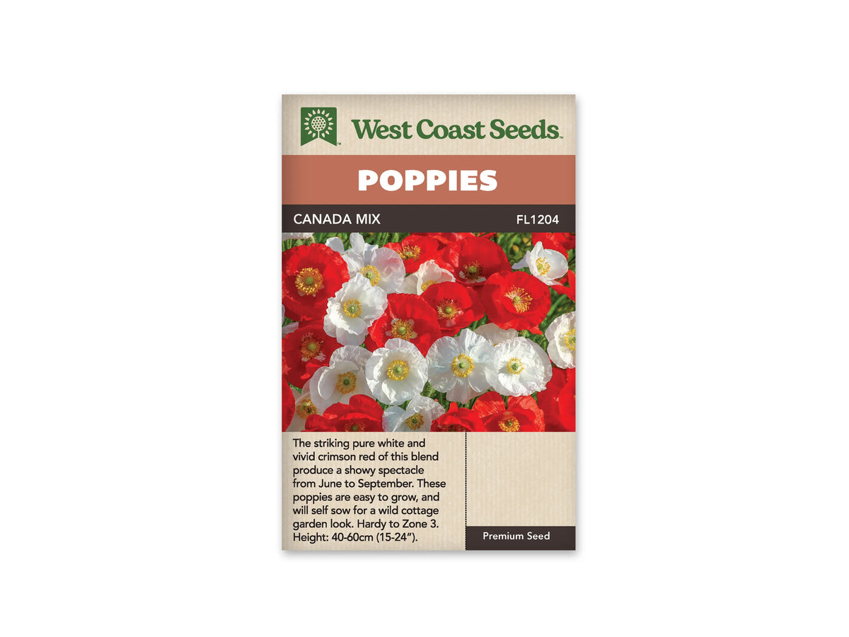 Sachet Canada Mix de West Coast Seeds sur fond blanc. La photo montre un groupe dense de fleurs rouges et blanches aux pétales froissés. Des étamines jaunes entourent un centre vert dans les corolles ouvertes, avec du feuillage visible à l’arrière. Le bandeau orange indique Poppies et la bande brune porte Canada Mix ainsi que le code FL1204.