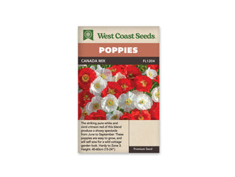 Sachet Canada Mix de West Coast Seeds sur fond blanc. La photo montre un groupe dense de fleurs rouges et blanches aux pétales froissés. Des étamines jaunes entourent un centre vert dans les corolles ouvertes, avec du feuillage visible à l’arrière. Le bandeau orange indique Poppies et la bande brune porte Canada Mix ainsi que le code FL1204.