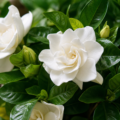 Gros plan d’un Gardenia jasminoides en fleurs blanches parfumées, entouré d’un feuillage vert foncé lustré.