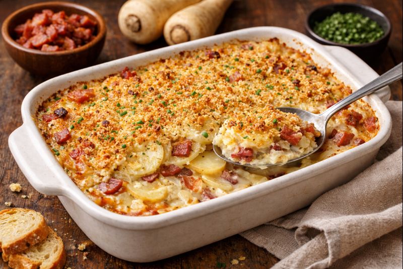 Gratin de panais et pommes de terre à la pancetta et à l’emmental