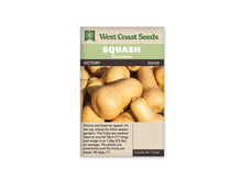 Sachet beige de semences Victory avec bandeau vert pâle et nom sur fond brun. La photographie montre un groupe de courges butternut beiges aux bases renflées et aux cols plus étroits. Un fruit couché en diagonale occupe le centre, entouré d'autres courges entières. Des marques légères sont visibles sur leur peau mate.