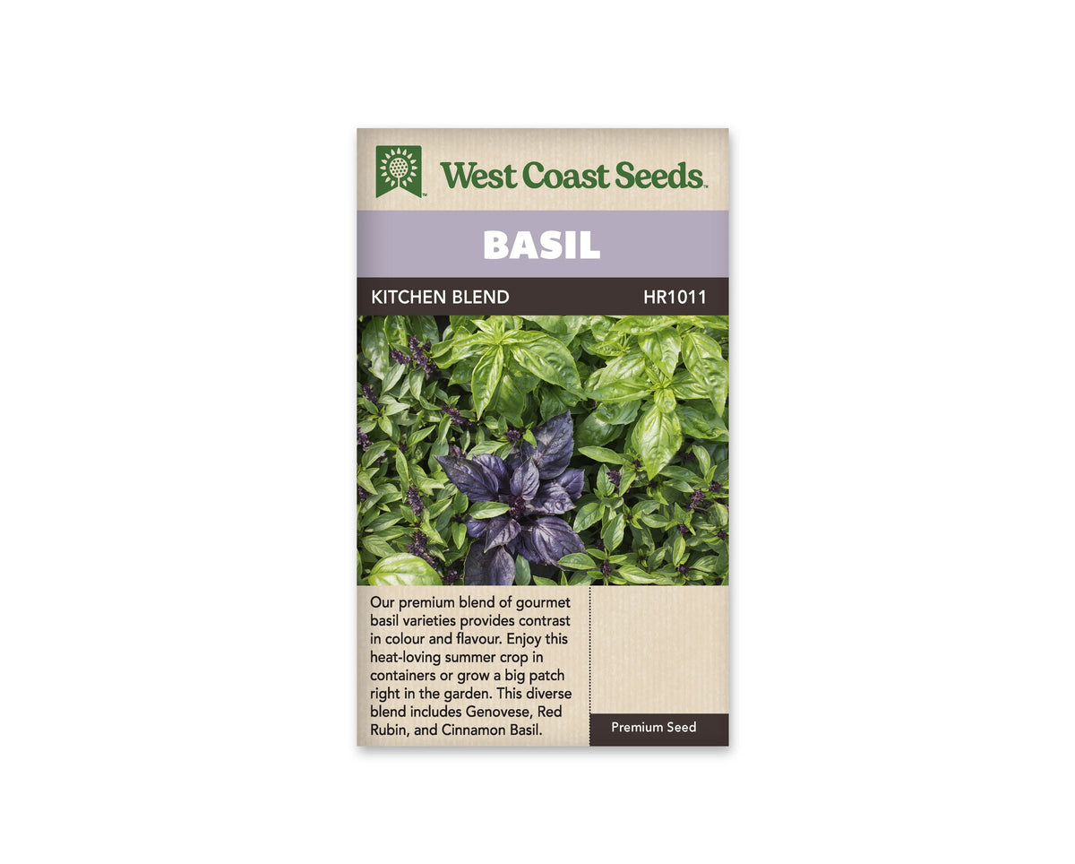 Sachet West Coast Seeds de Basilics en mélange Kitchen Blend, présenté de face sur fond blanc. Plusieurs feuillages de basilic se côtoient sur la photographie centrale, avec de grandes feuilles vertes brillantes, un groupe de feuilles pourpres au premier plan et de petites hampes florales foncées. Un bandeau mauve indique BASIL, au-dessus du nom imprimé sur fond foncé. Le bas beige contient un texte descriptif en anglais.