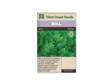 Sachet d’aneth Ella West Coast Seeds présenté de face sur fond blanc. La photographie montre une masse de feuilles vertes fines et très découpées, portées par des tiges dressées. Le bandeau mauve porte le nom DILL ELLA. Une description en anglais occupe la partie beige inférieure, avec un logo de certification biologique.